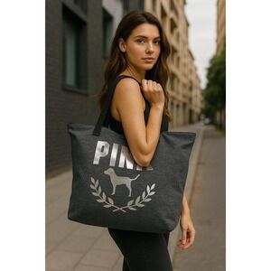 PINK Victoria's Secret Tote Bag Gym Travel Heather Gray Silver Dog Logo 2021 New